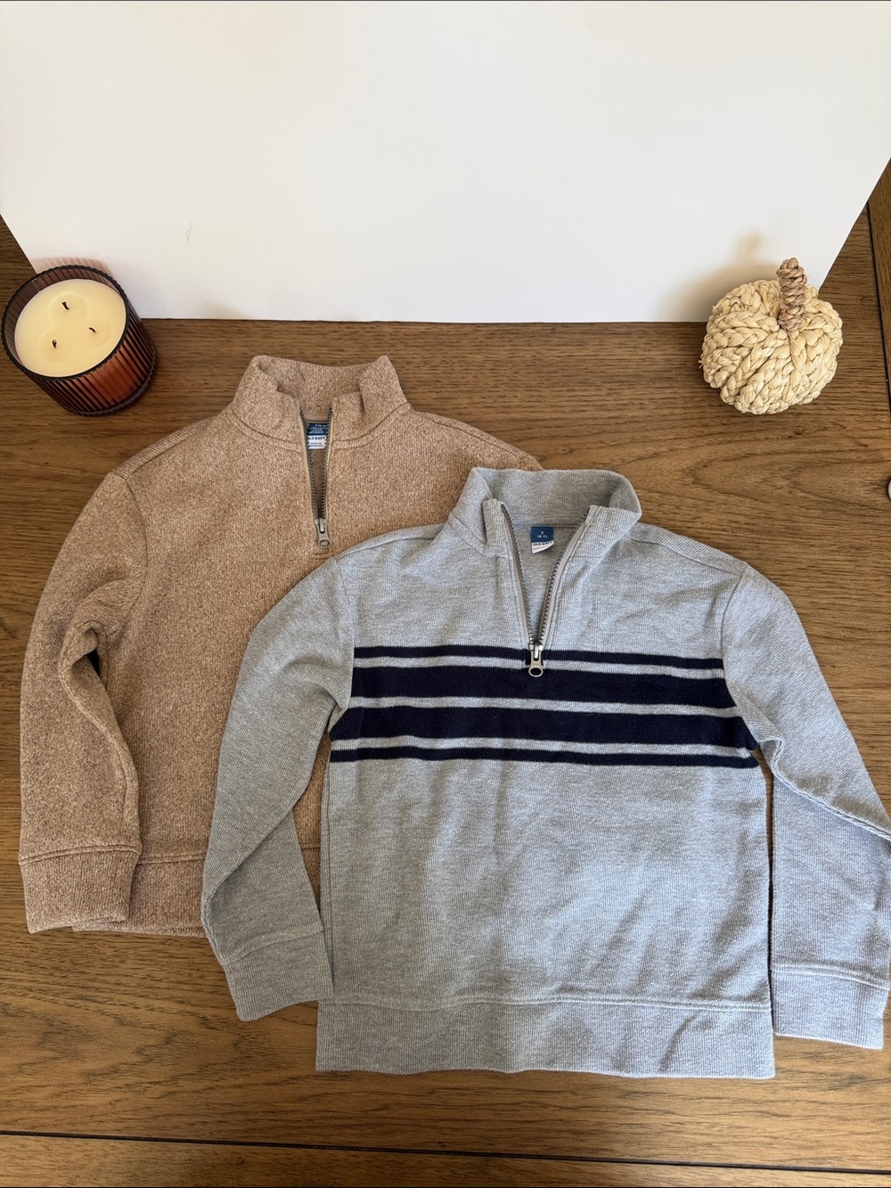 Old Navy Kids Quarter-Zip Sweaters in Gray with Navy Stripes and Tan